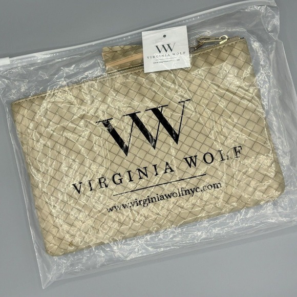Virginia Wolf Mimi Woven Vegan Metallic Gold Leather Pouch 7x11 Brand NEW w/tags - Picture 3 of 5